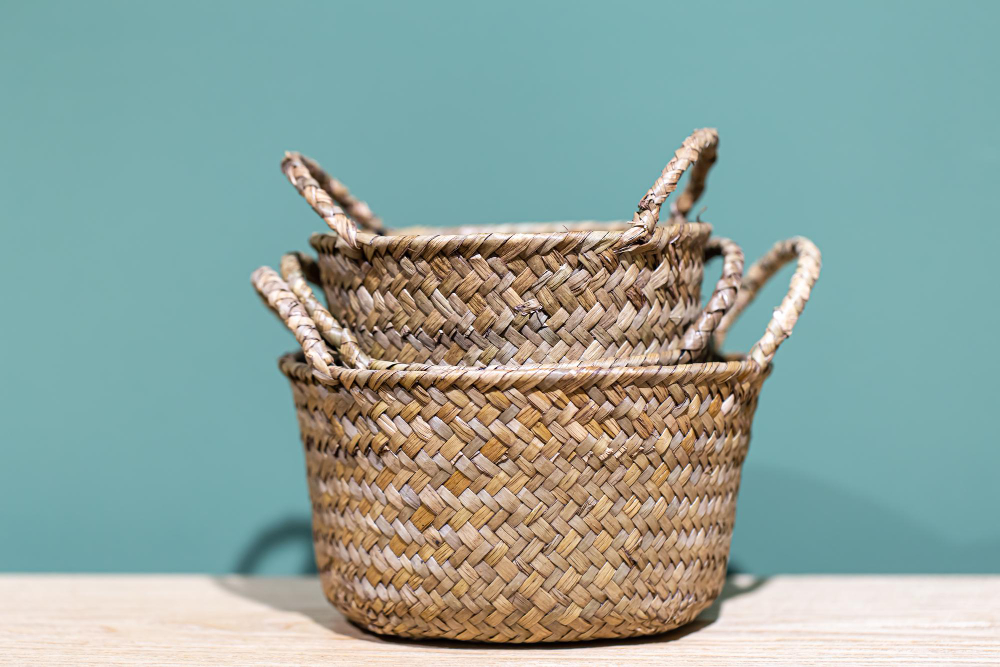 closeup-wicker-baskets-blue-background